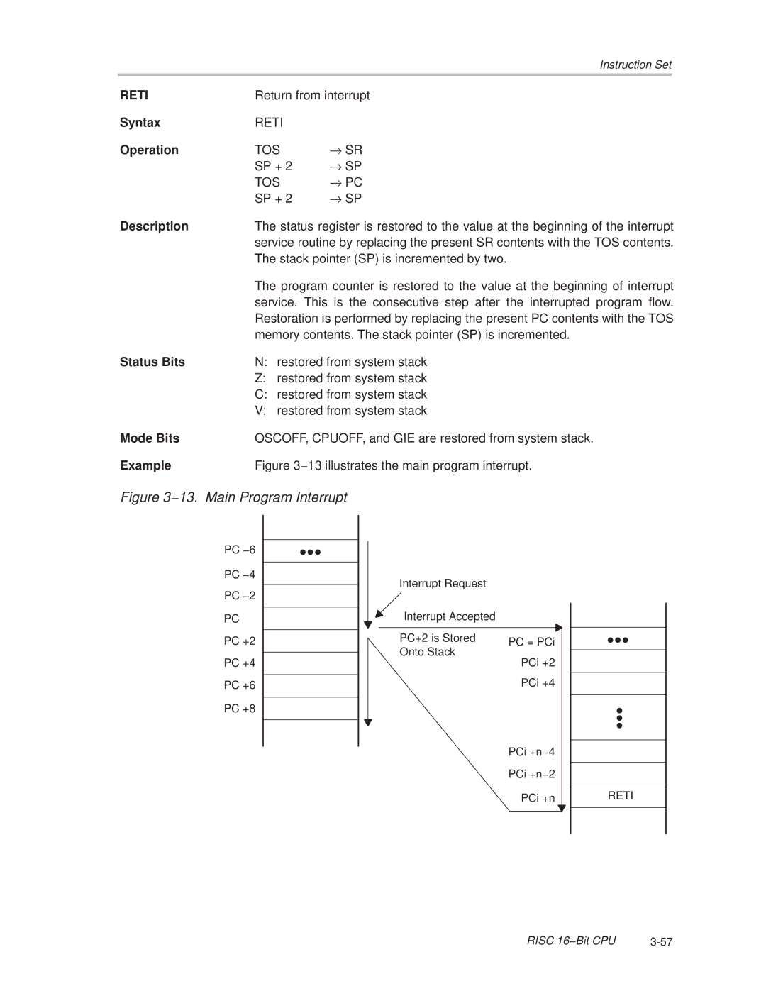 Texas Instruments MSP430x1xx manual 13. Main Program Interrupt, Reti 