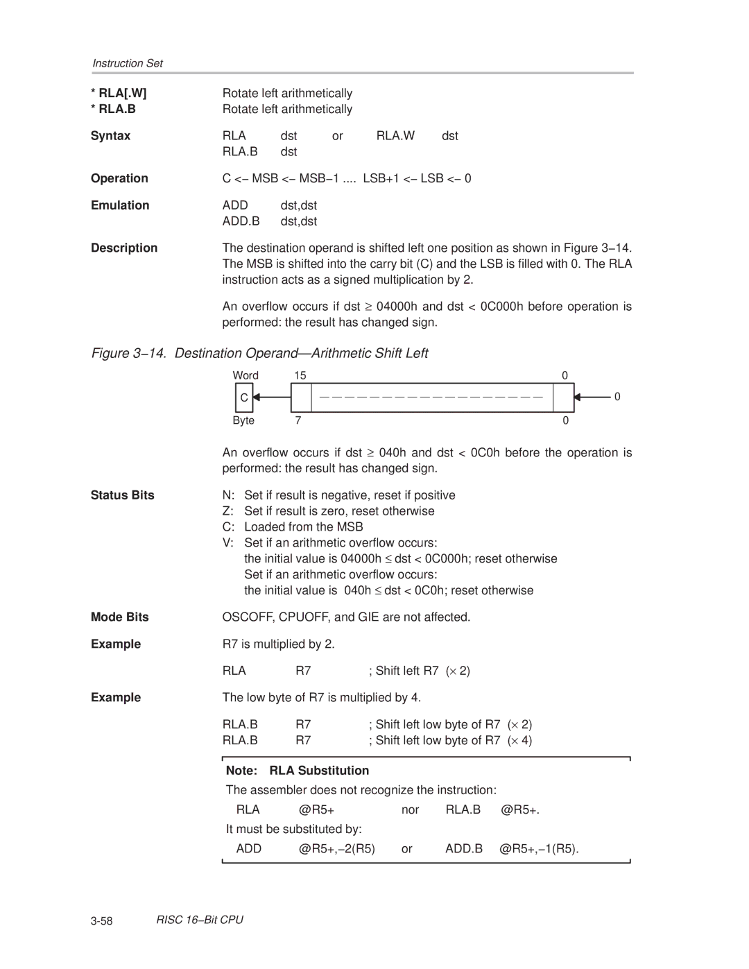 Texas Instruments MSP430x1xx manual 14. Destination Operand-Arithmetic Shift Left, Rla.B 