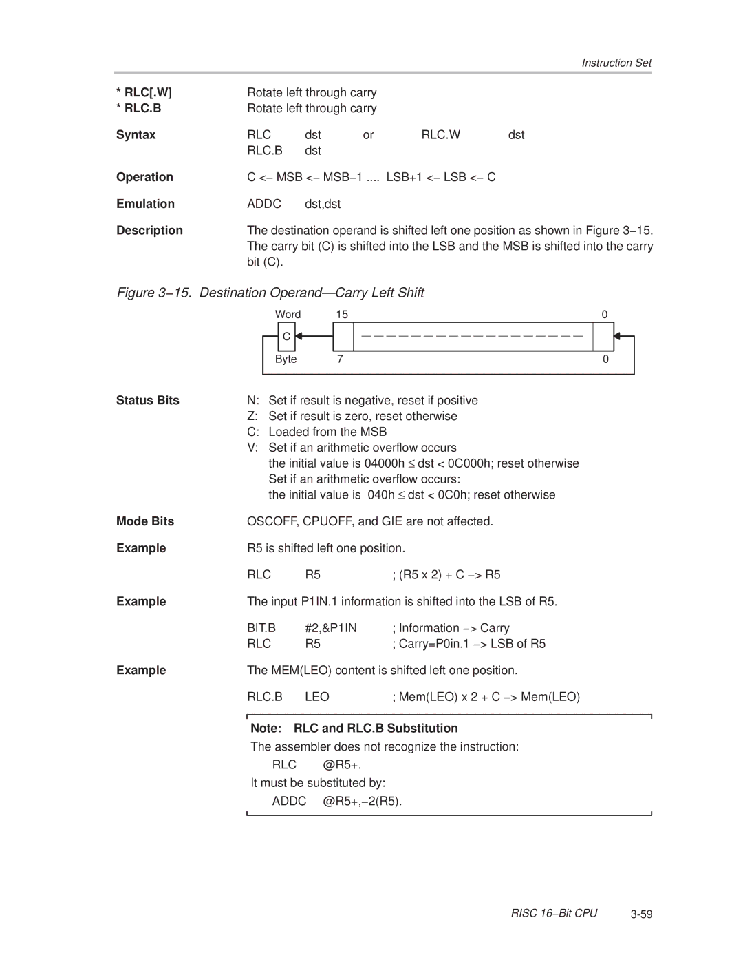 Texas Instruments MSP430x1xx manual 15. Destination Operand-Carry Left Shift, Rlc.B 