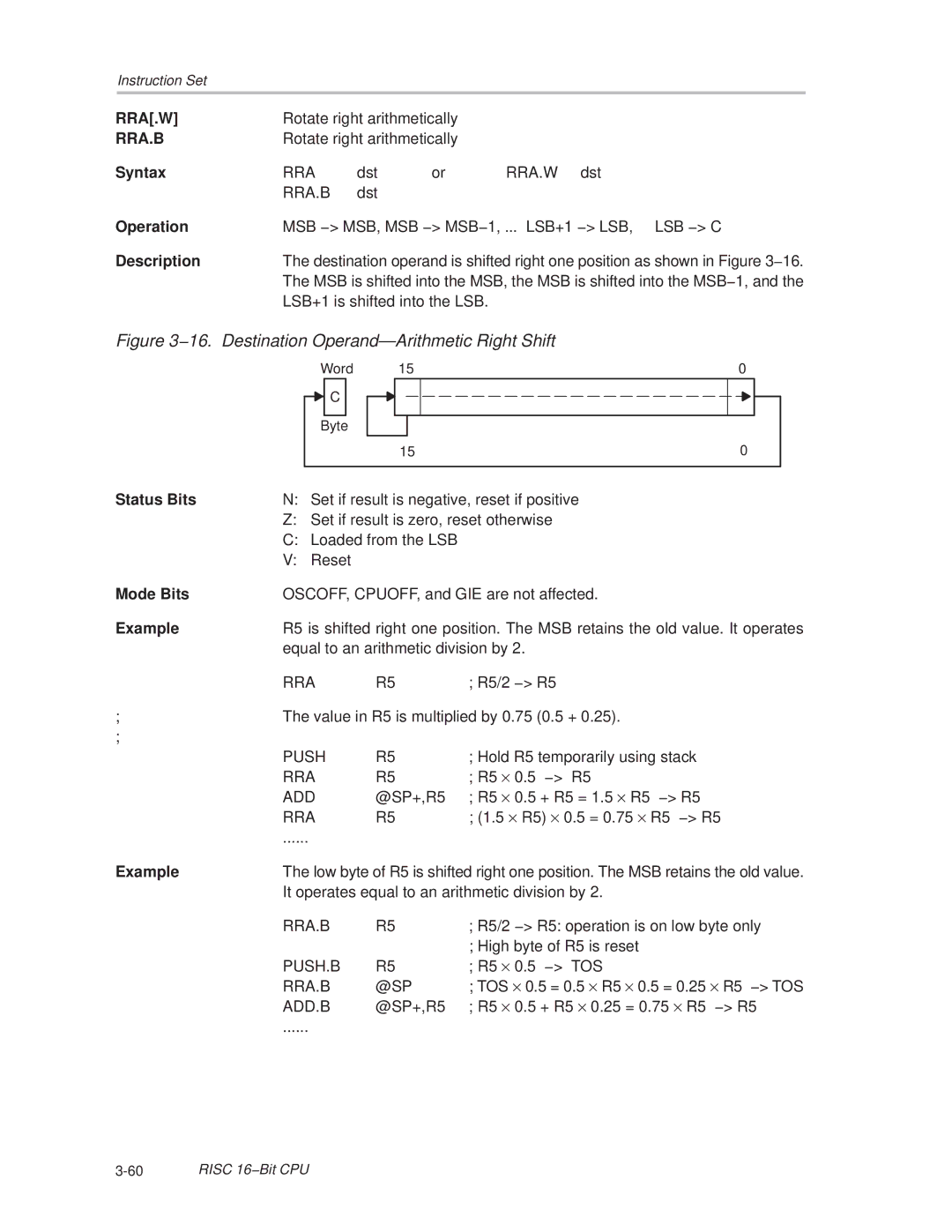 Texas Instruments MSP430x1xx manual Rra.W, Rra.B 