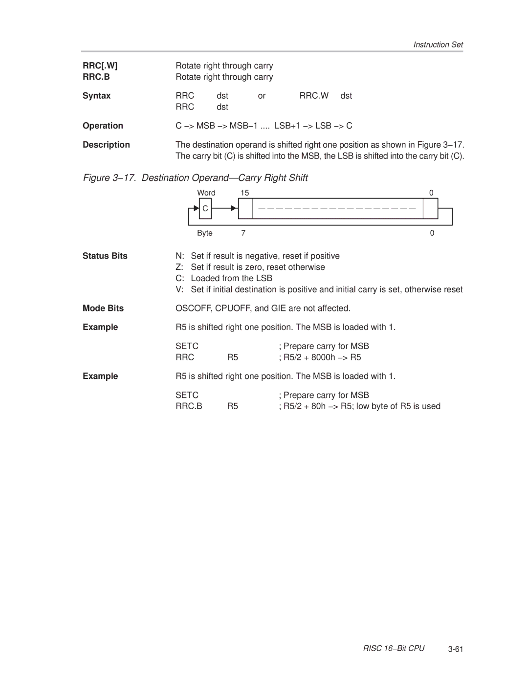 Texas Instruments MSP430x1xx manual Rrc.W, Rrc.B 