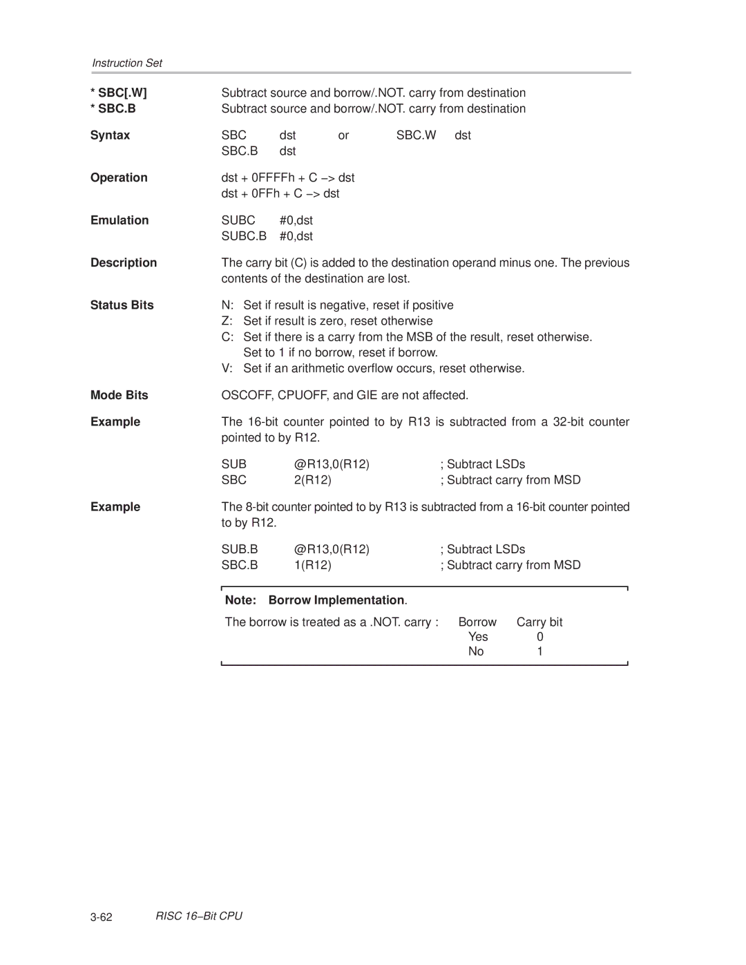 Texas Instruments MSP430x1xx manual Sbc.B 