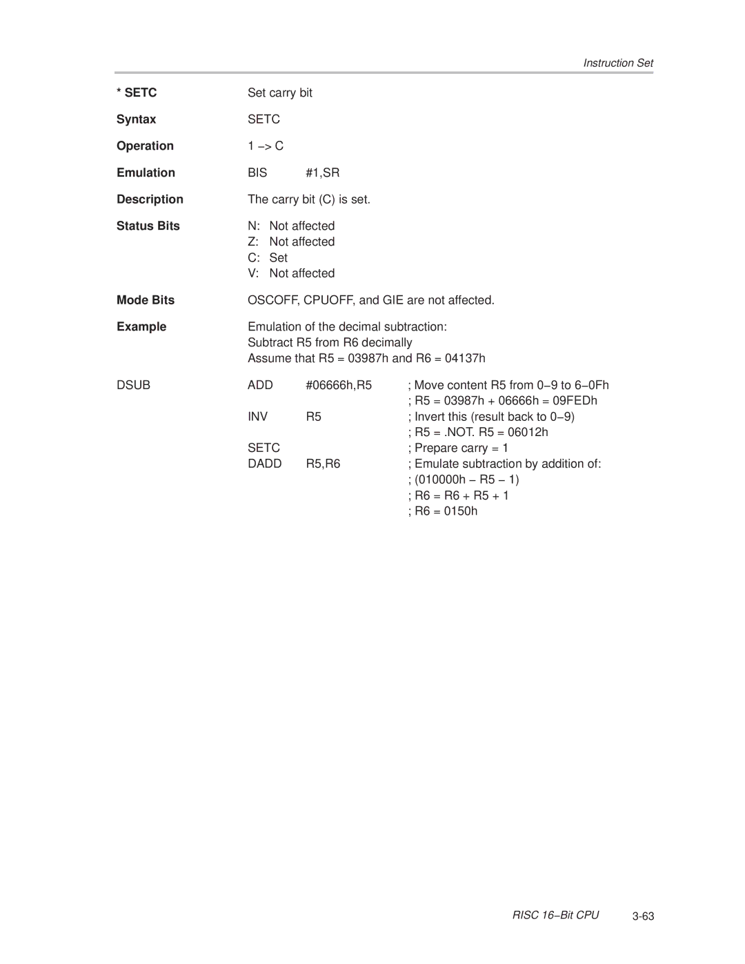 Texas Instruments MSP430x1xx manual Setc 