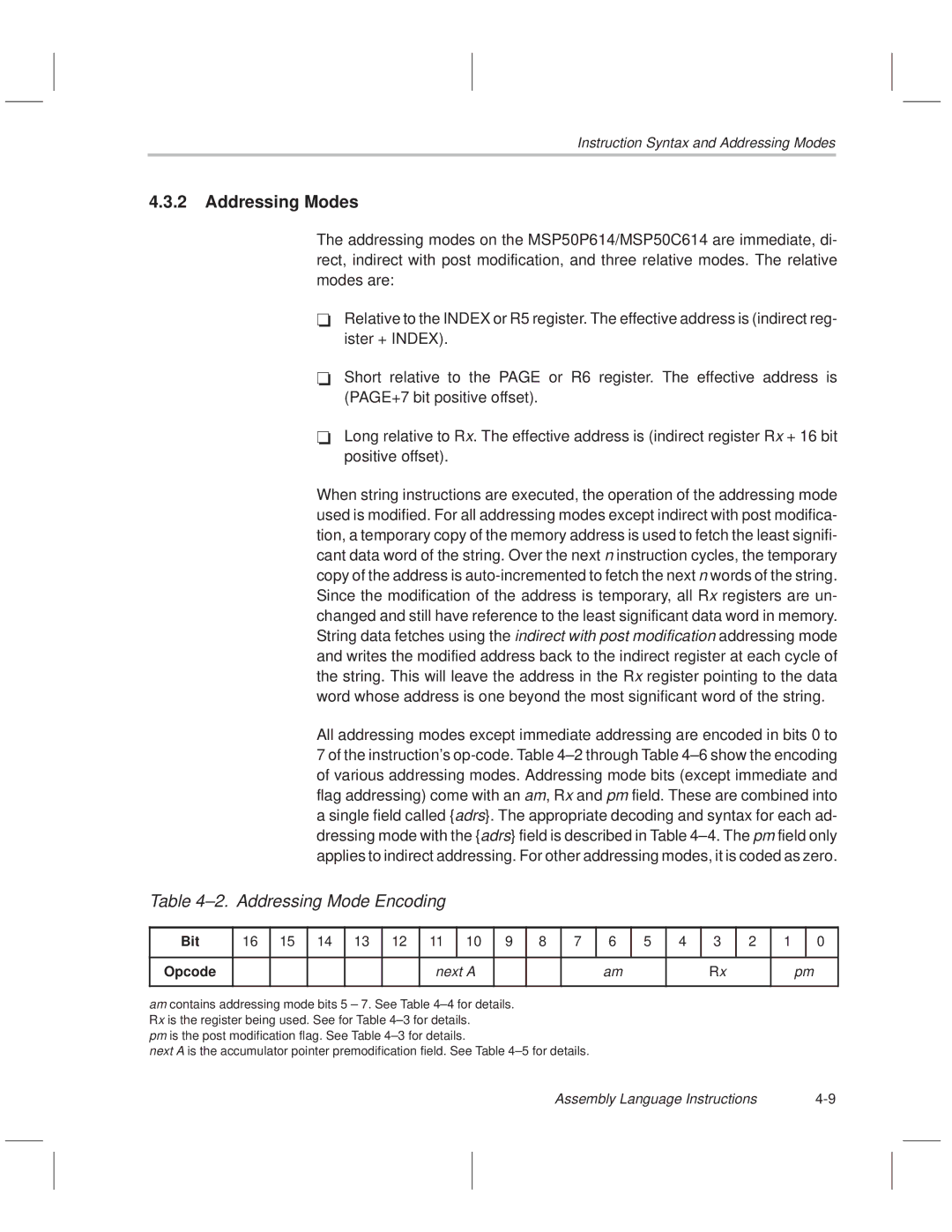 Texas Instruments MSP50C614 manual Addressing Modes, ±2. Addressing Mode Encoding, Opcode, Next a 