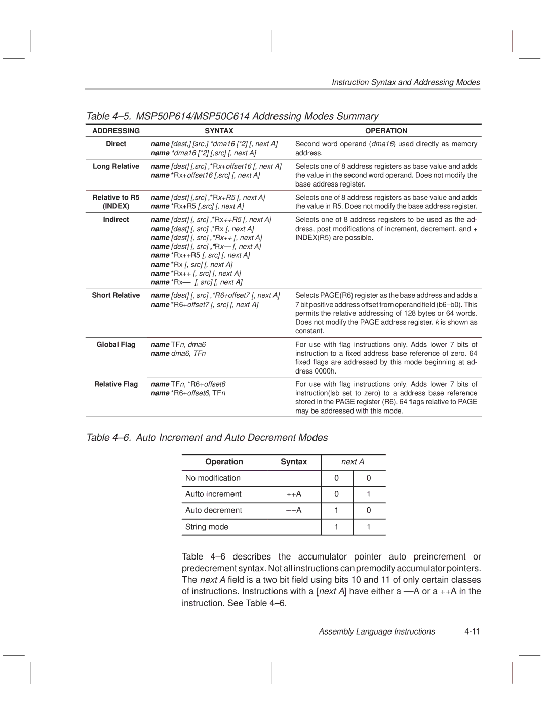 Texas Instruments manual ±5. MSP50P614/MSP50C614 Addressing Modes Summary, ±6. Auto Increment and Auto Decrement Modes 