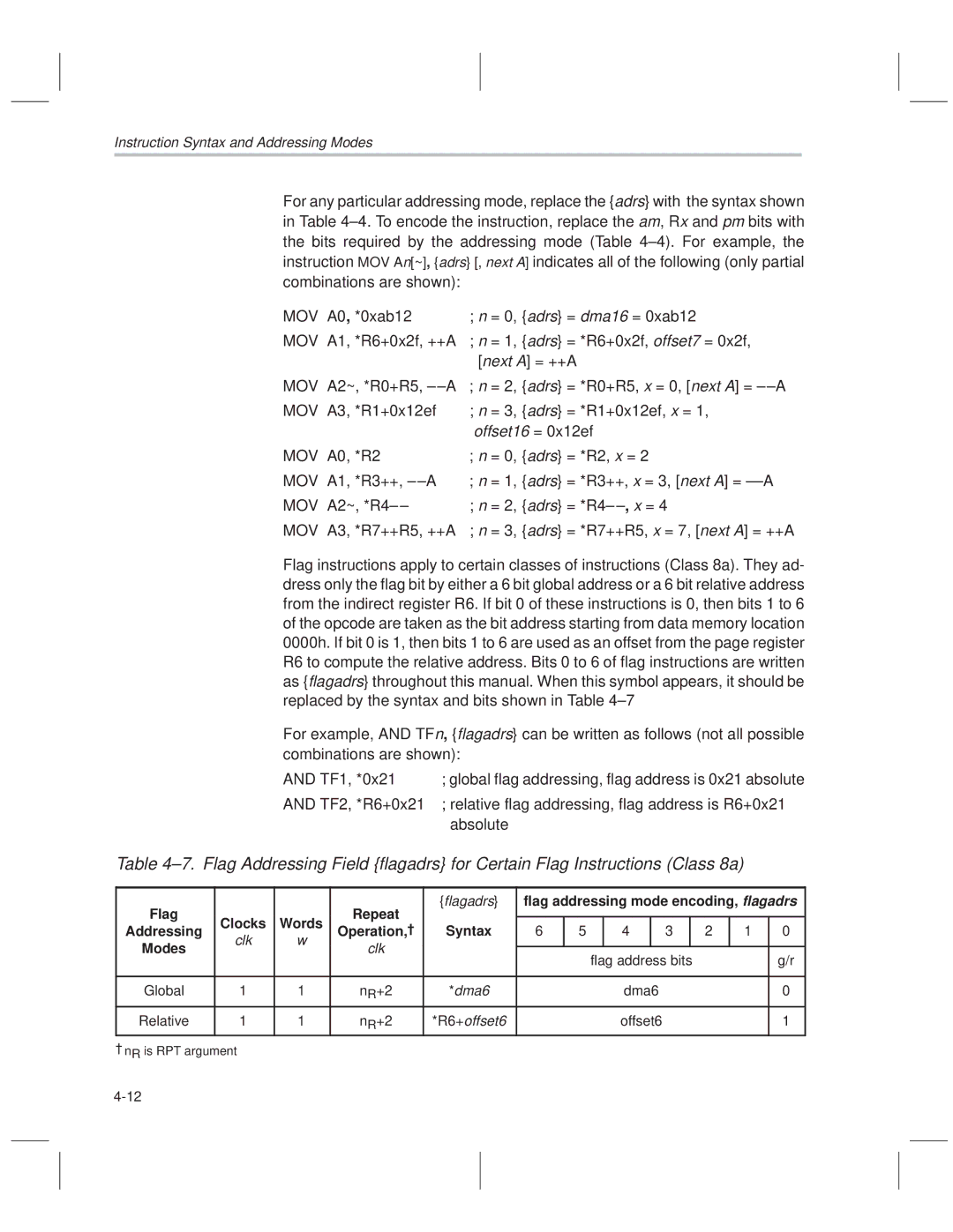 Texas Instruments MSP50C614 manual Flag Repeat, Flagadrs, Flag addressing mode encoding, flagadrs 