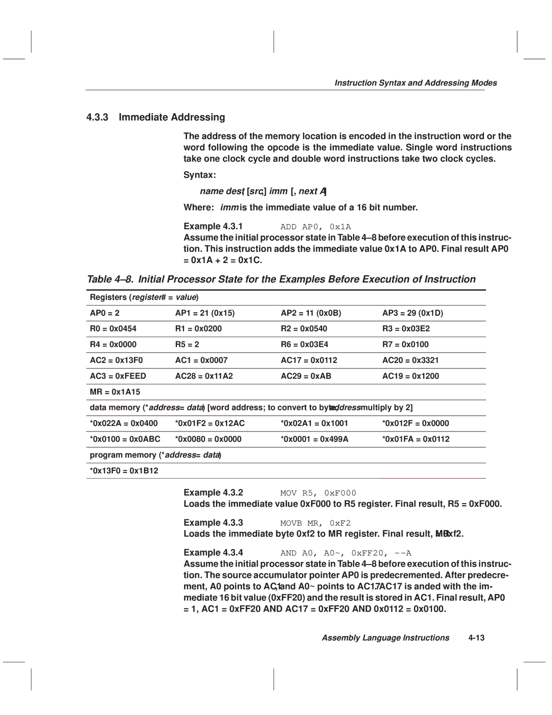 Texas Instruments MSP50C614 manual Immediate Addressing, Syntax, Example 