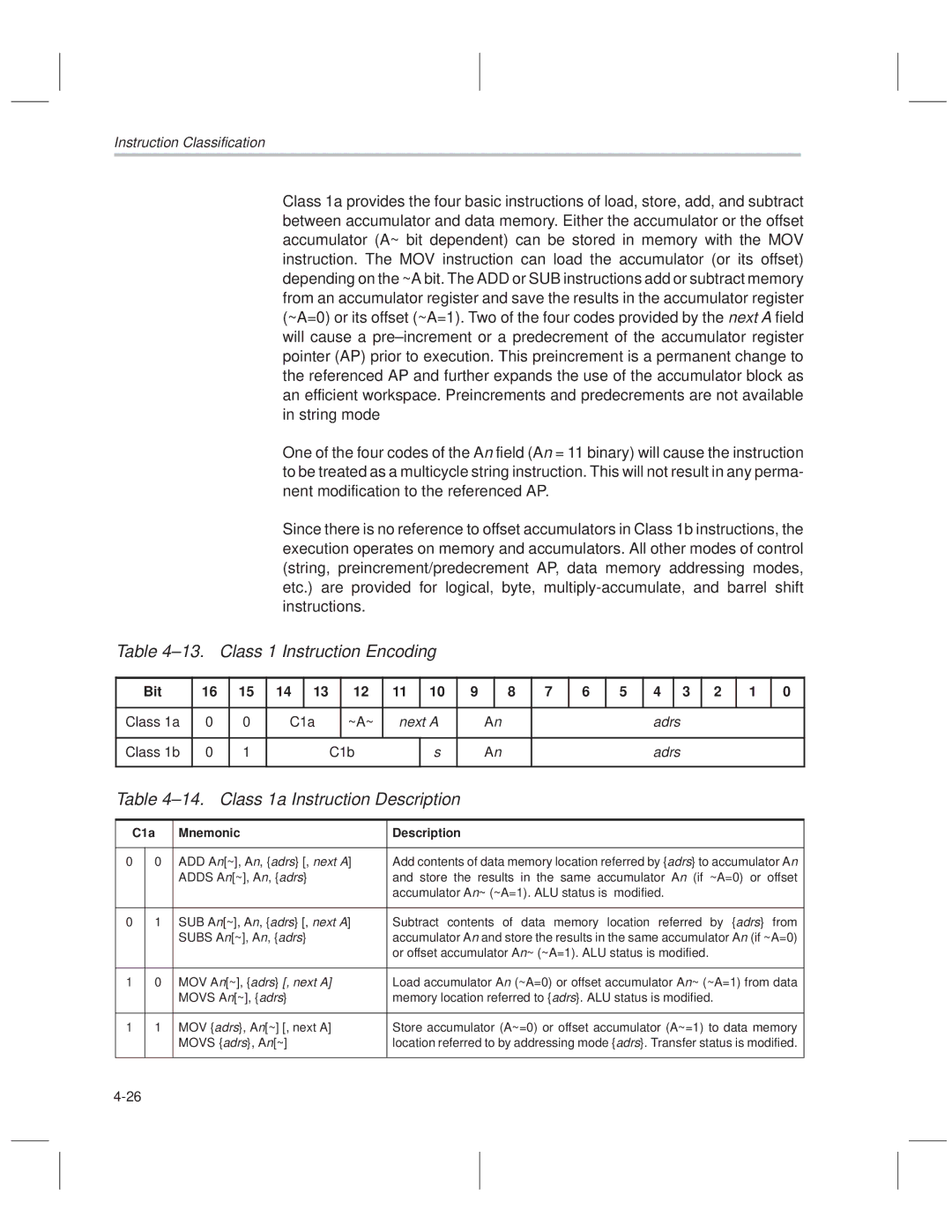 Texas Instruments MSP50C614 manual ±13. Class 1 Instruction Encoding, ±14. Class 1a Instruction Description, C1a ~A~, C1b 