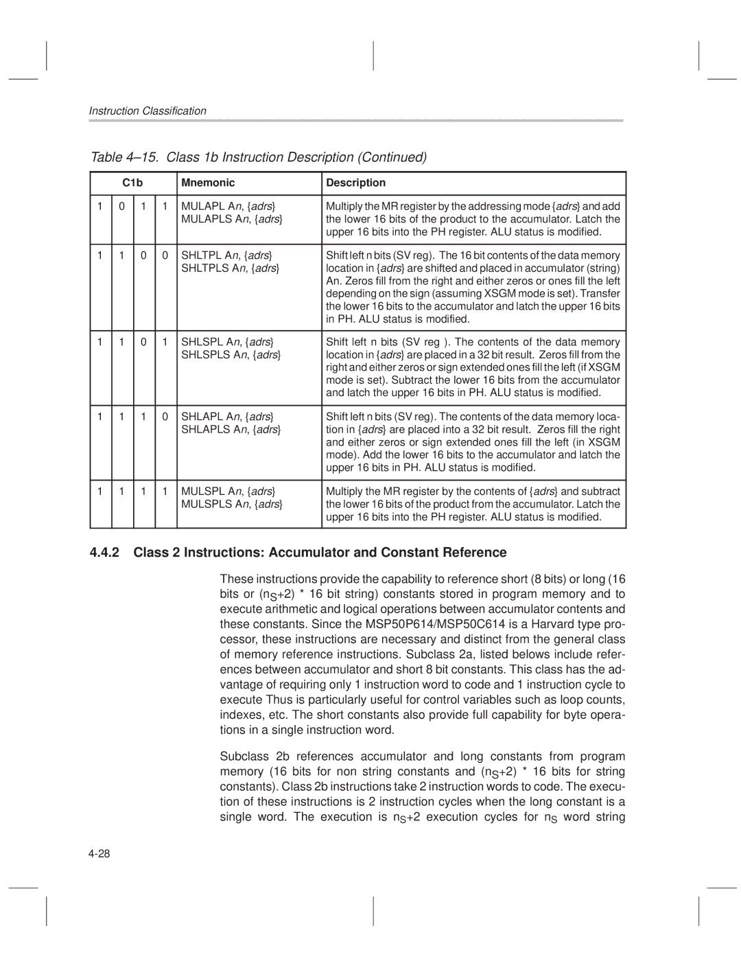 Texas Instruments MSP50C614 manual Class 2 Instructions Accumulator and Constant Reference, Shltpls a n, adrs 