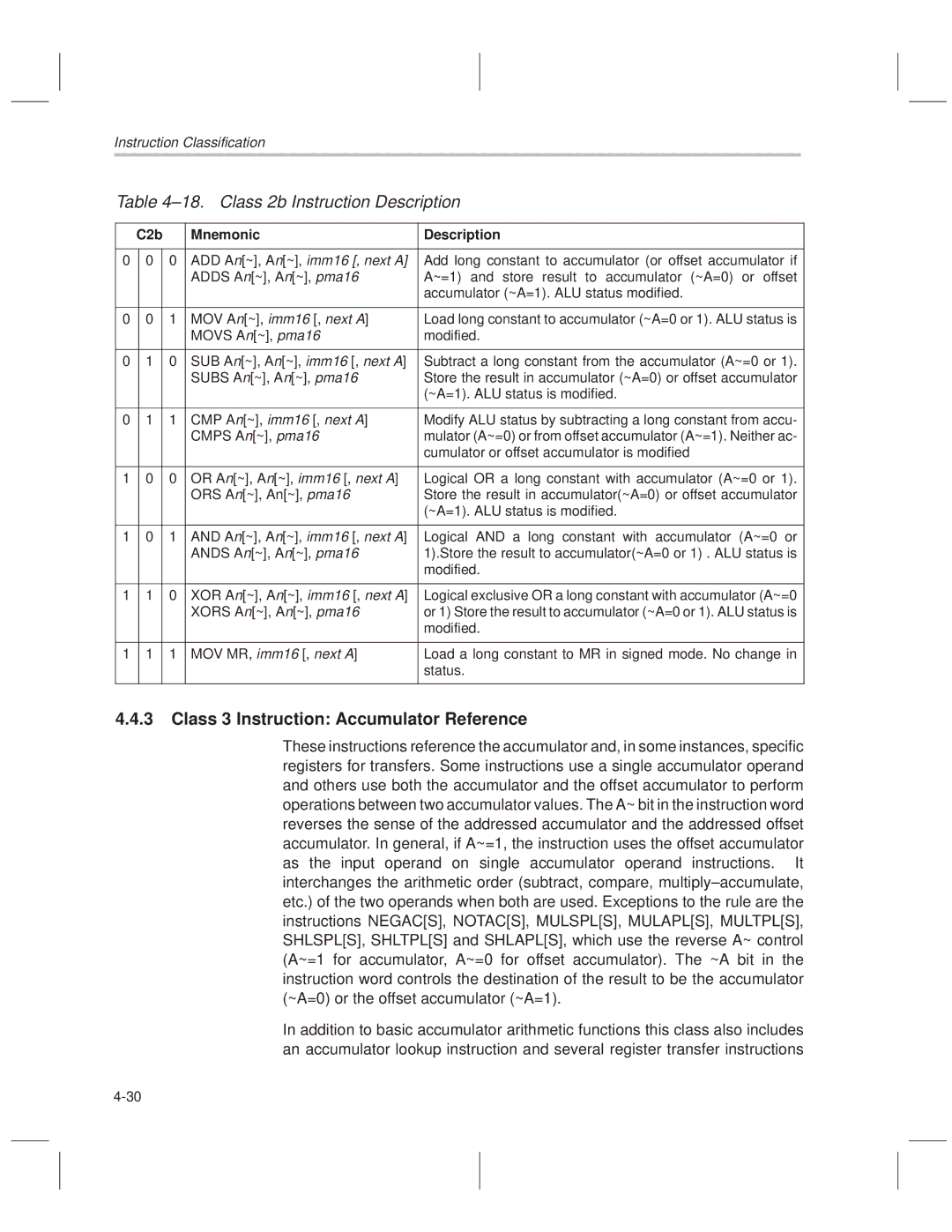 Texas Instruments MSP50C614 manual ±18. Class 2b Instruction Description, Class 3 Instruction Accumulator Reference 