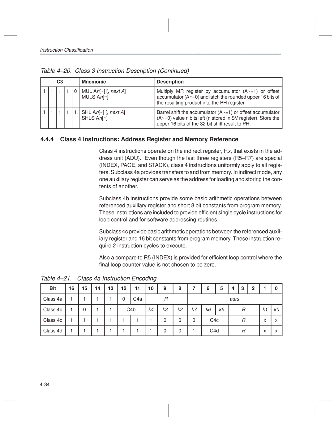 Texas Instruments MSP50C614 Class 4 Instructions Address Register and Memory Reference, ±21. Class 4a Instruction Encoding 