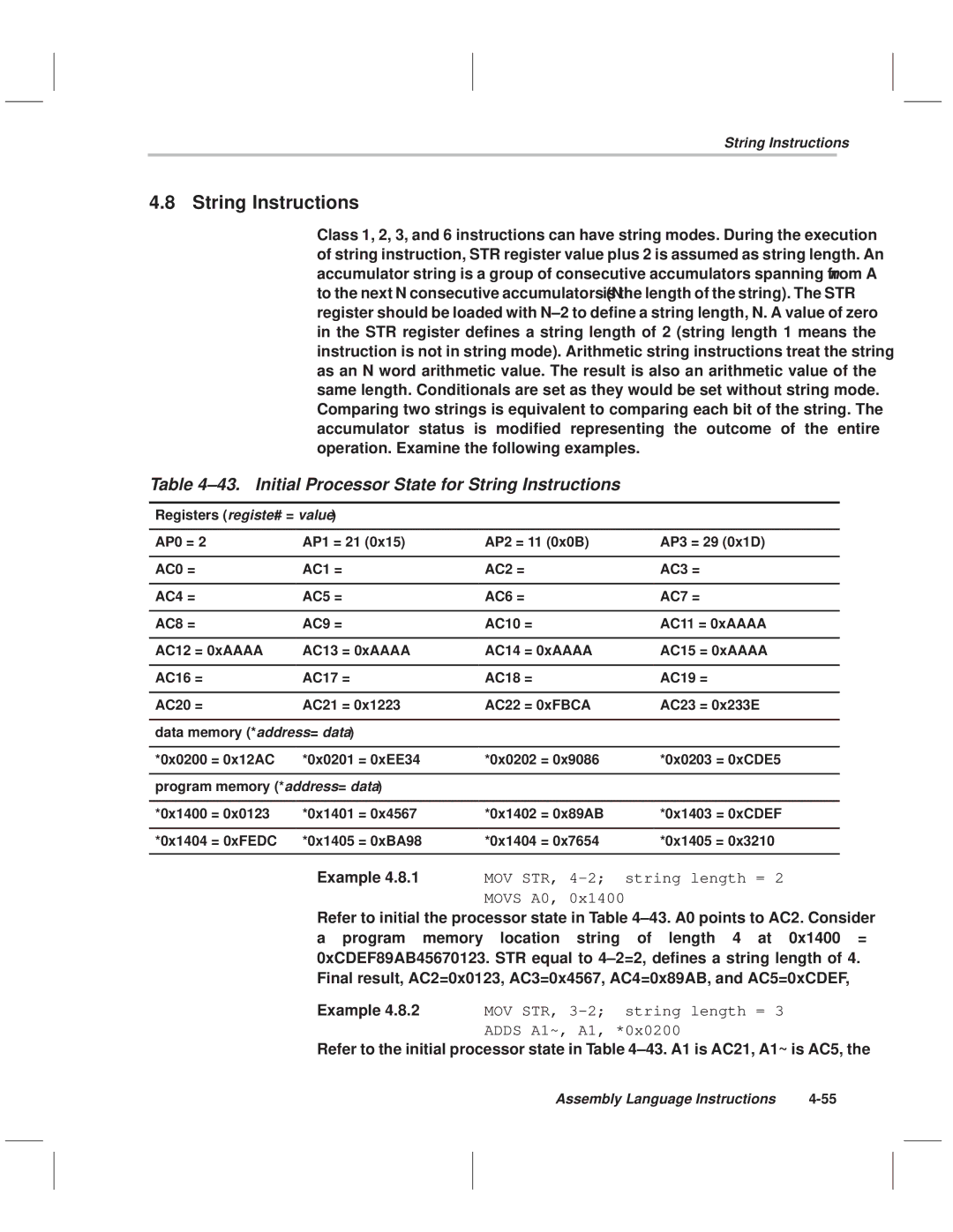 Texas Instruments MSP50C614 manual ±43. Initial Processor State for String Instructions, Registers register# = value 