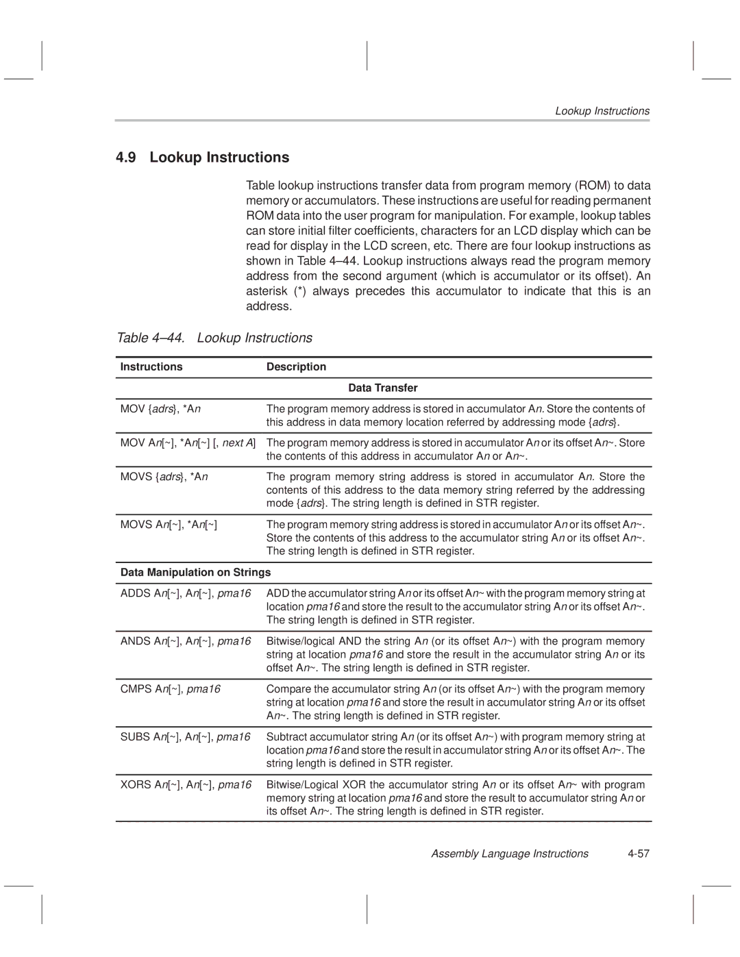 Texas Instruments MSP50C614 manual ±44. Lookup Instructions, Instructions Description Data Transfer 