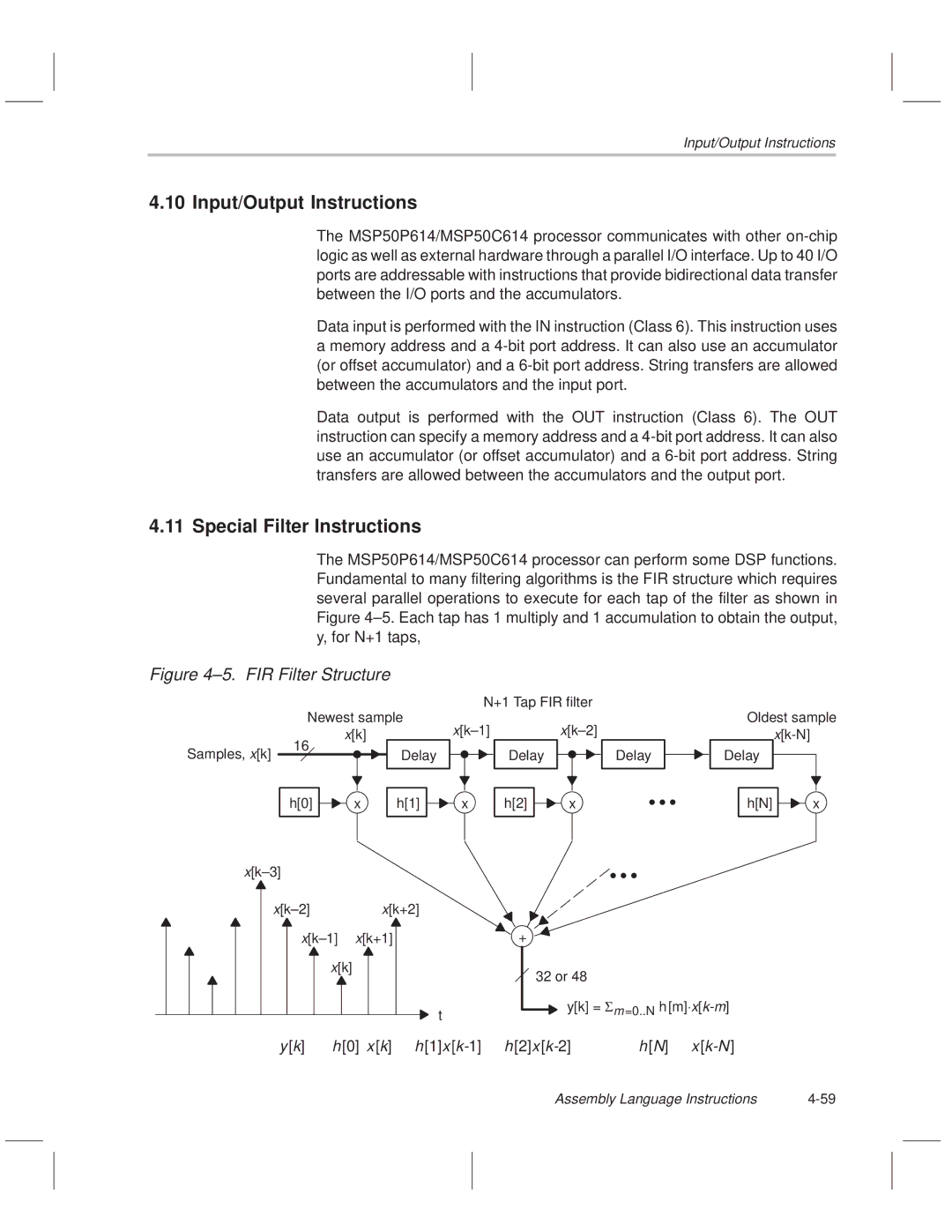 Texas Instruments MSP50C614 manual Input/Output Instructions, Special Filter Instructions 