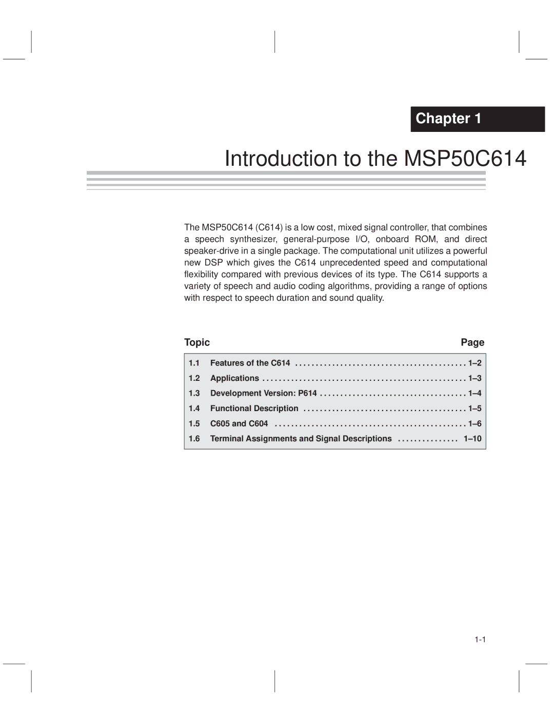 Texas Instruments manual Introduction to the MSP50C614 