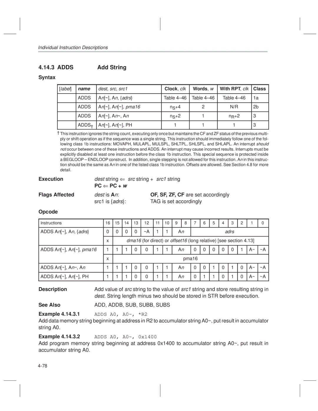 Texas Instruments MSP50C614 manual Adds Add String, Clock , clk Words , w 