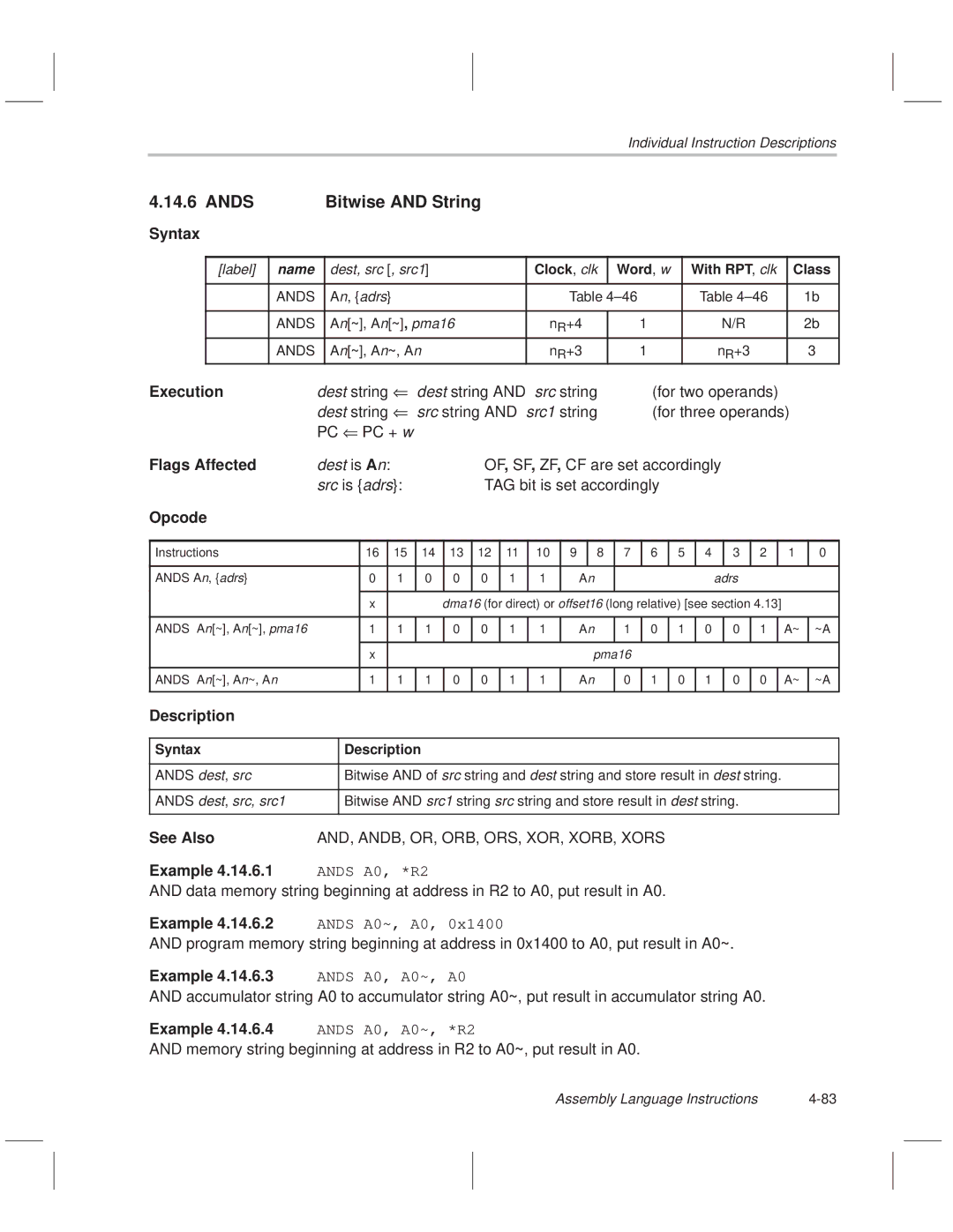 Texas Instruments MSP50C614 manual Ands Bitwise and String, Ands A0, A0~, A0, Ands A0, A0~, *R2, Clock, clk Word, w 