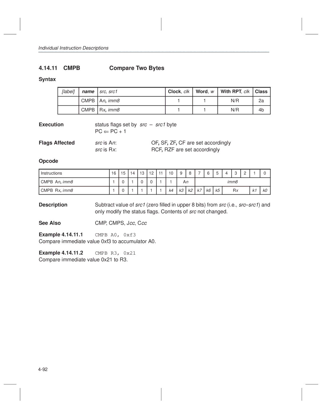 Texas Instruments MSP50C614 manual Cmpb Compare Two Bytes, Cmpb R3 