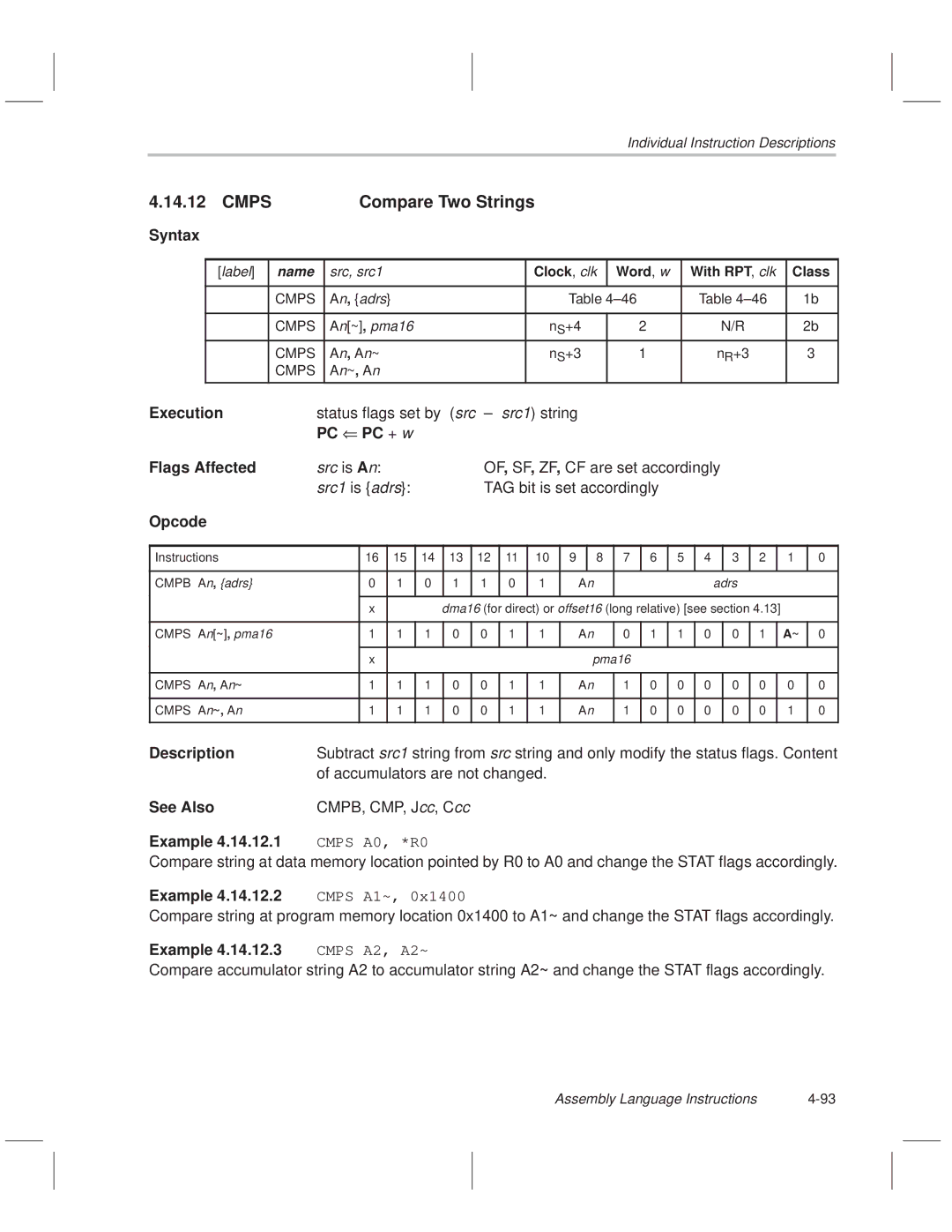 Texas Instruments MSP50C614 manual Cmps Compare Two Strings, PC PC + w Flags Affected, Cmps A1~, Cmps A2, A2~ 