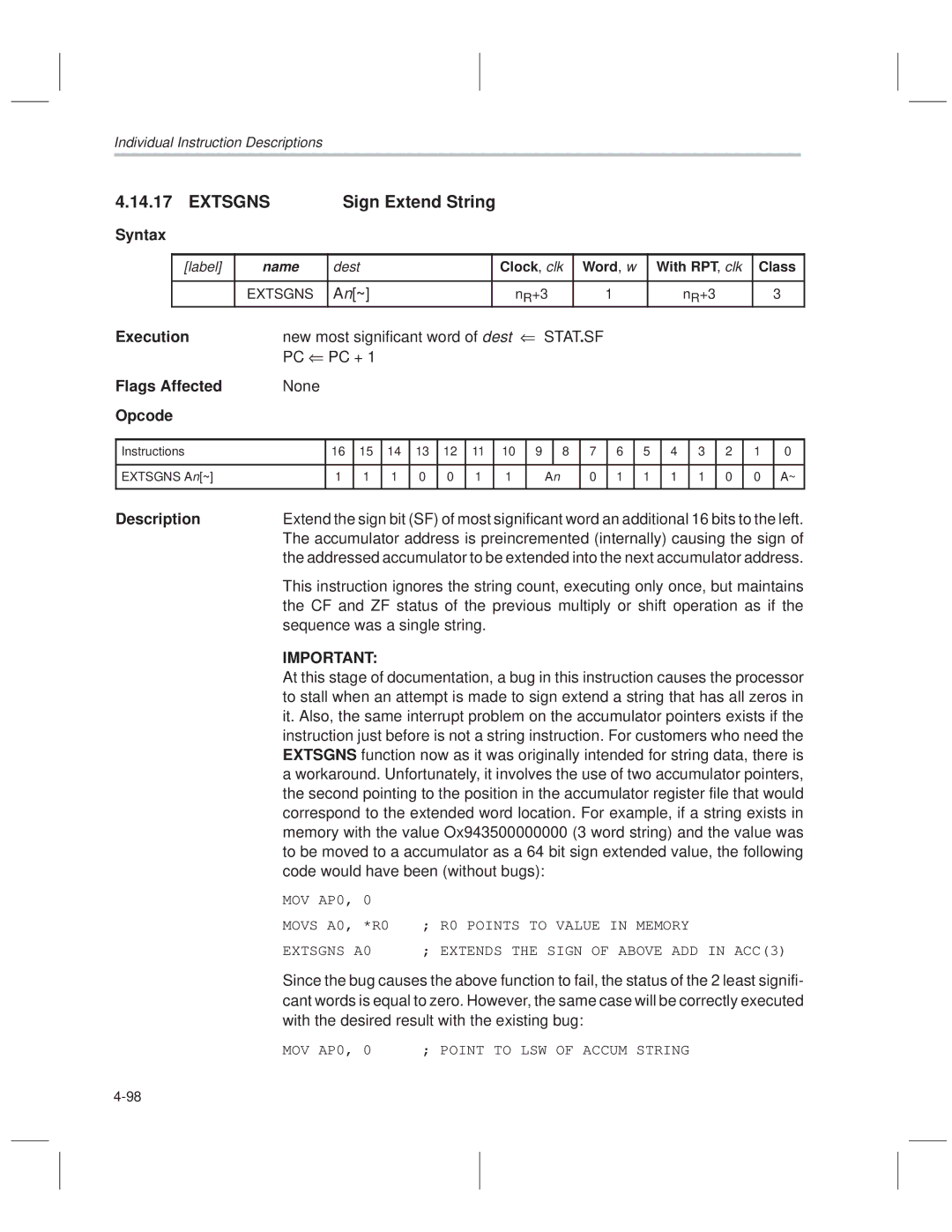 Texas Instruments MSP50C614 manual Extsgns Sign Extend String, Dest 