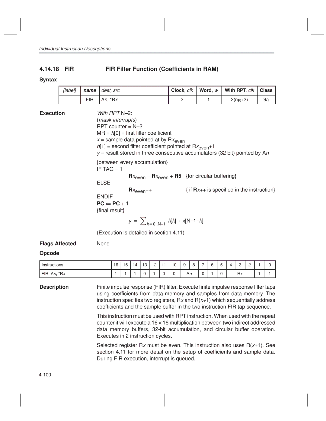 Texas Instruments MSP50C614 manual FIR FIR Filter Function Coefficients in RAM, 2n R+2 