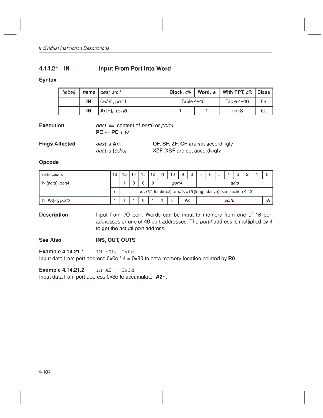 Texas Instruments MSP50C614 manual Input From Port Into Word, INS, OUT, Outs, A2~, 0x3d 