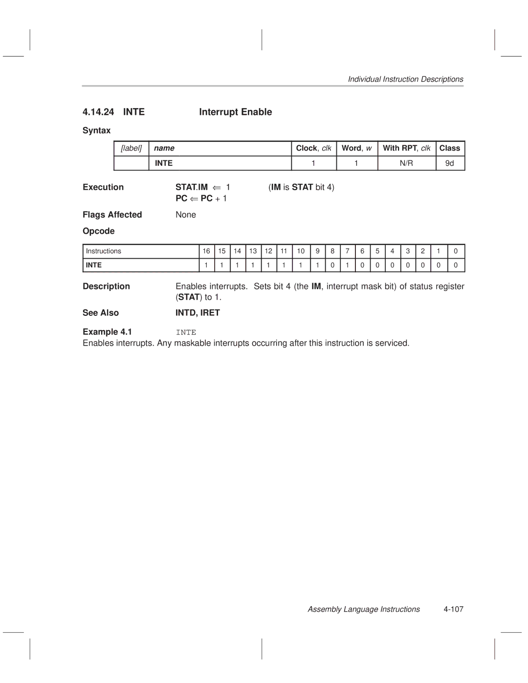 Texas Instruments MSP50C614 manual Inte Interrupt Enable, INTD, Iret, Assembly Language Instructions 107 