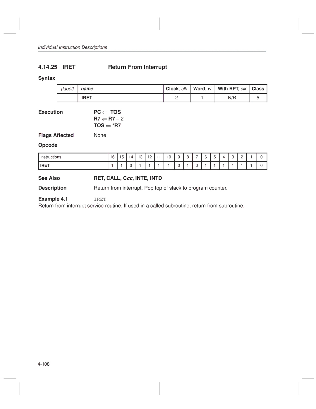 Texas Instruments MSP50C614 Iret Return From Interrupt, R7 R7 ±, See Also RET, CALL, C cc, INTE, Intd Description, Tos 