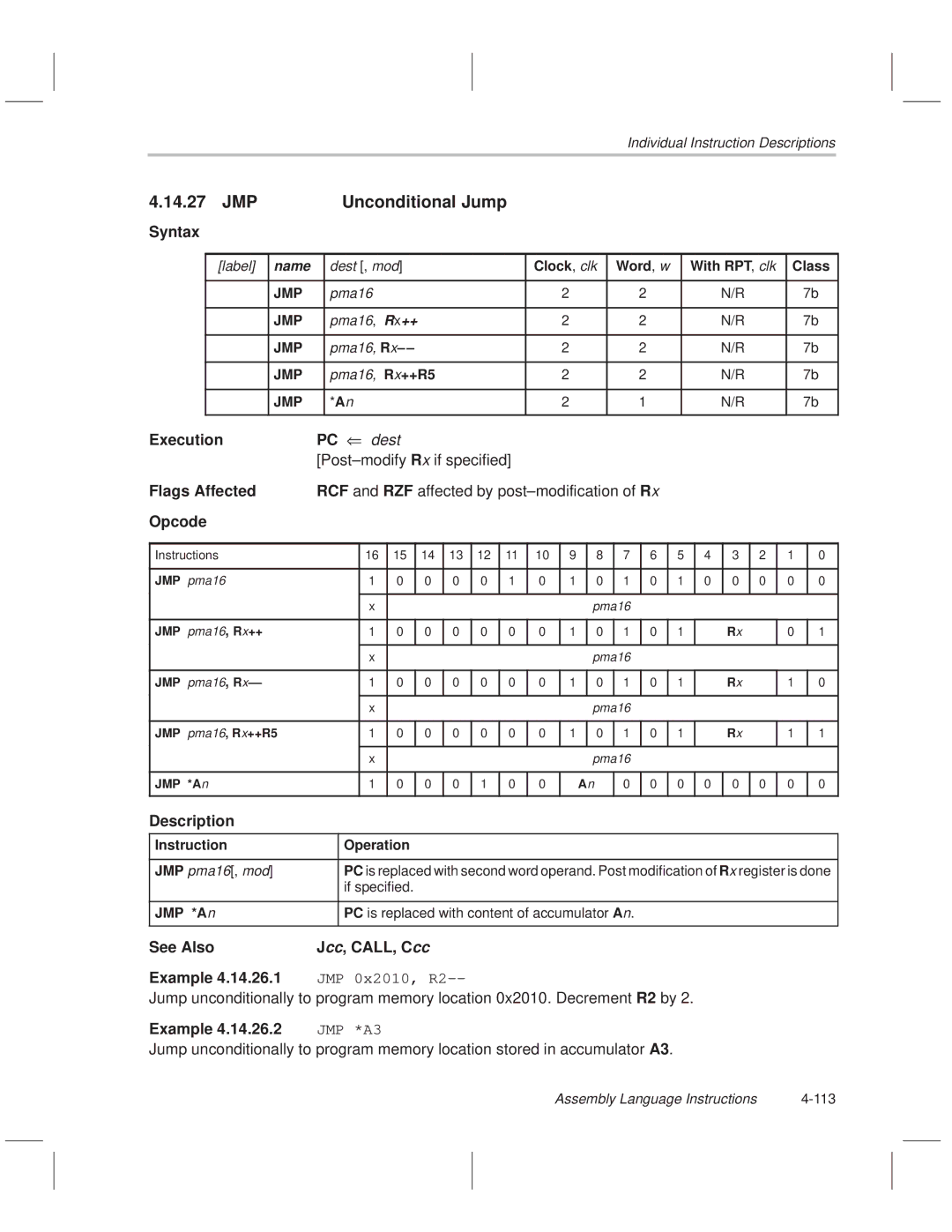 Texas Instruments MSP50C614 manual JMP Unconditional Jump, Post±modify Rx if specified, See Also Jcc, CALL, Ccc Example 