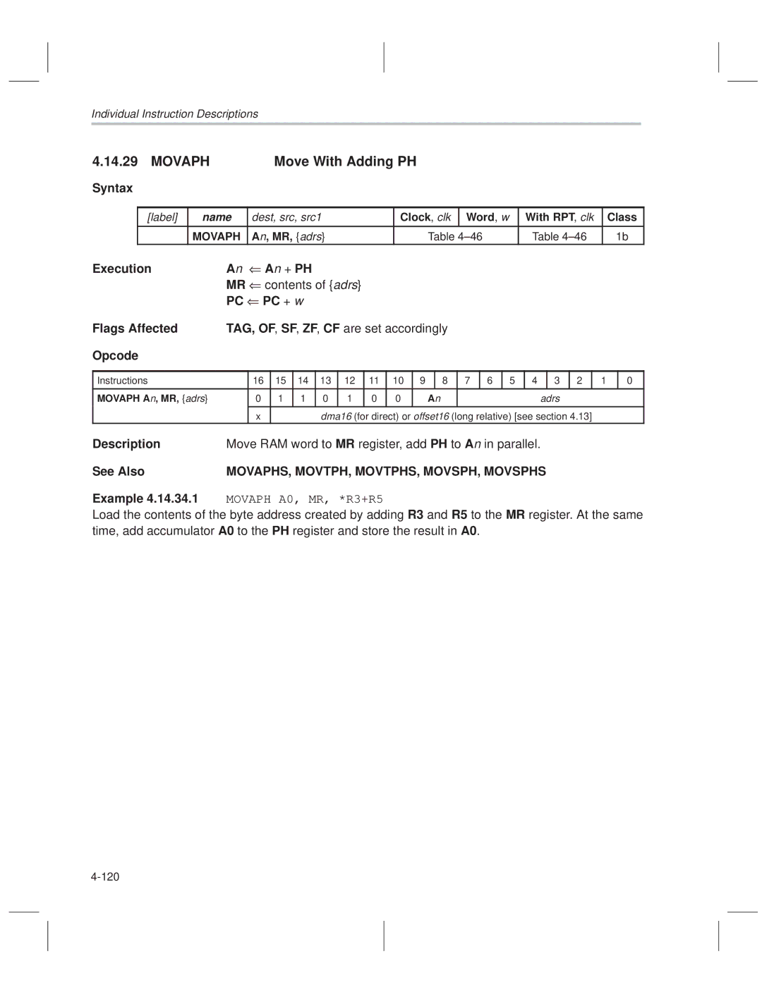 Texas Instruments MSP50C614 manual Movaph Move With Adding PH, Execution + PH, MOVAPHS, MOVTPH, MOVTPHS, MOVSPH, Movsphs 