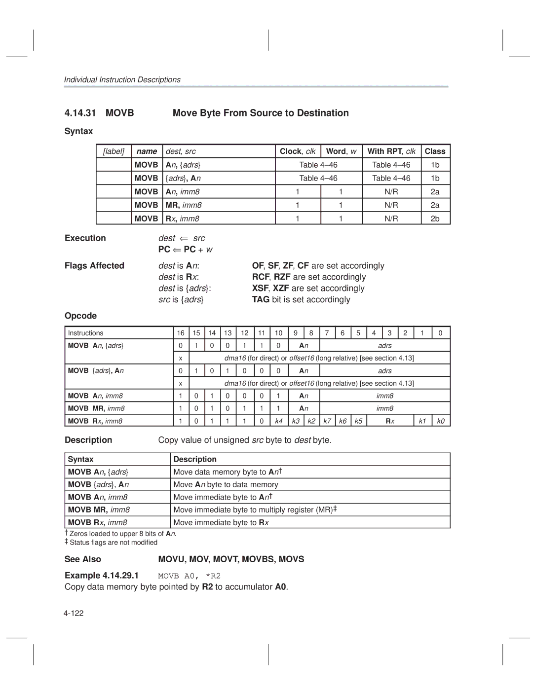 Texas Instruments MSP50C614 manual Movb Move Byte From Source to Destination, Copy value of unsigned src byte to dest byte 