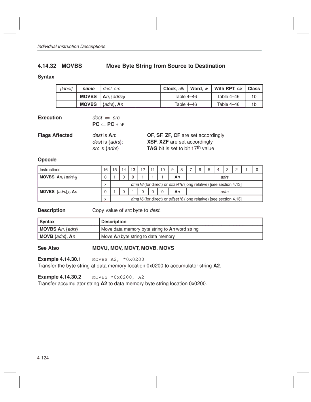 Texas Instruments MSP50C614 manual Movbs Move Byte String from Source to Destination, TAG bit is set to bit 17 th value 