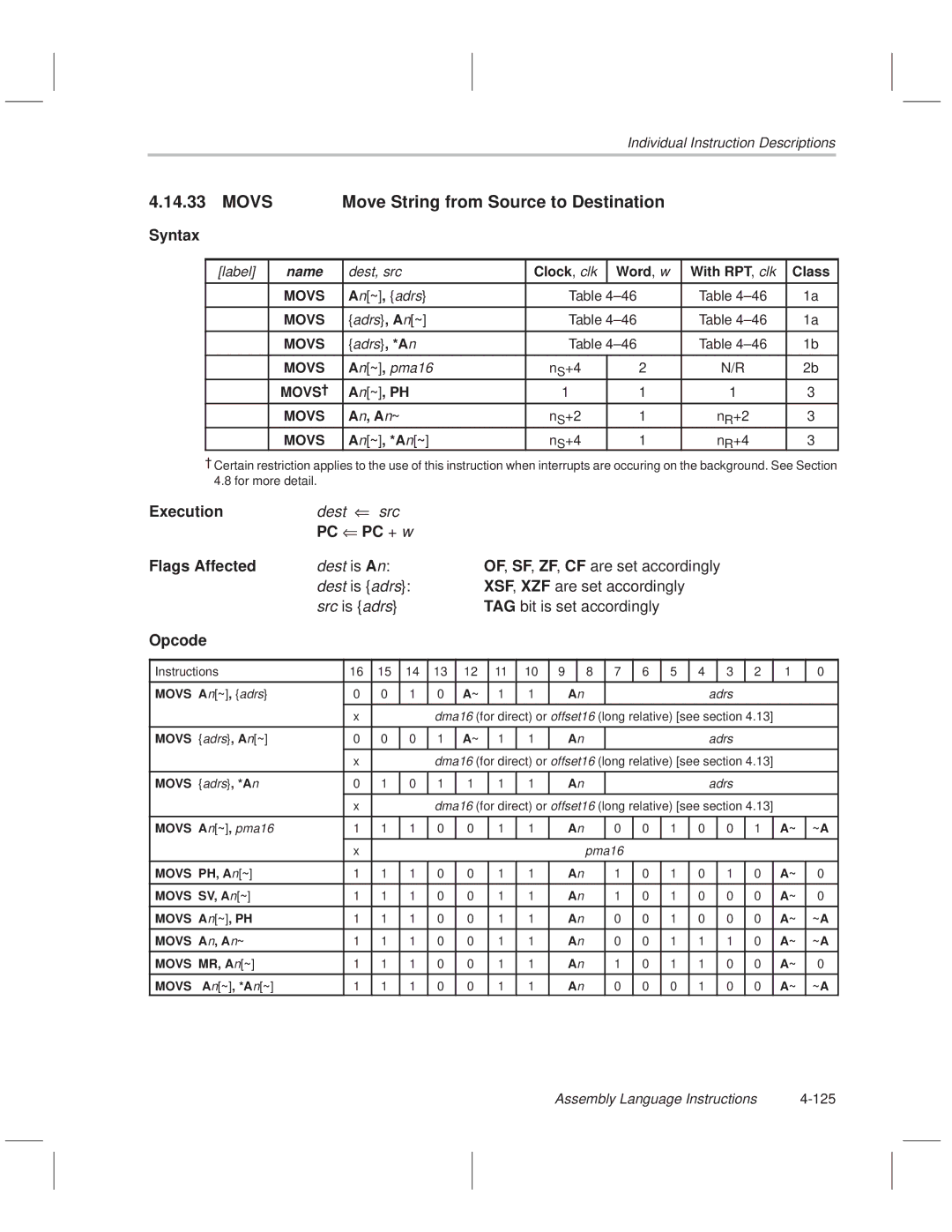 Texas Instruments MSP50C614 manual Movs Move String from Source to Destination 