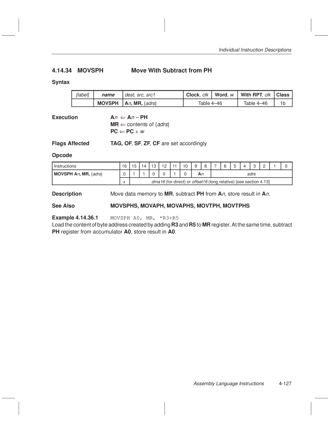 Texas Instruments MSP50C614 manual Movsph, MOVSPHS, MOVAPH, MOVAPHS, MOVTPH, Movtphs, Assembly Language Instructions 127 