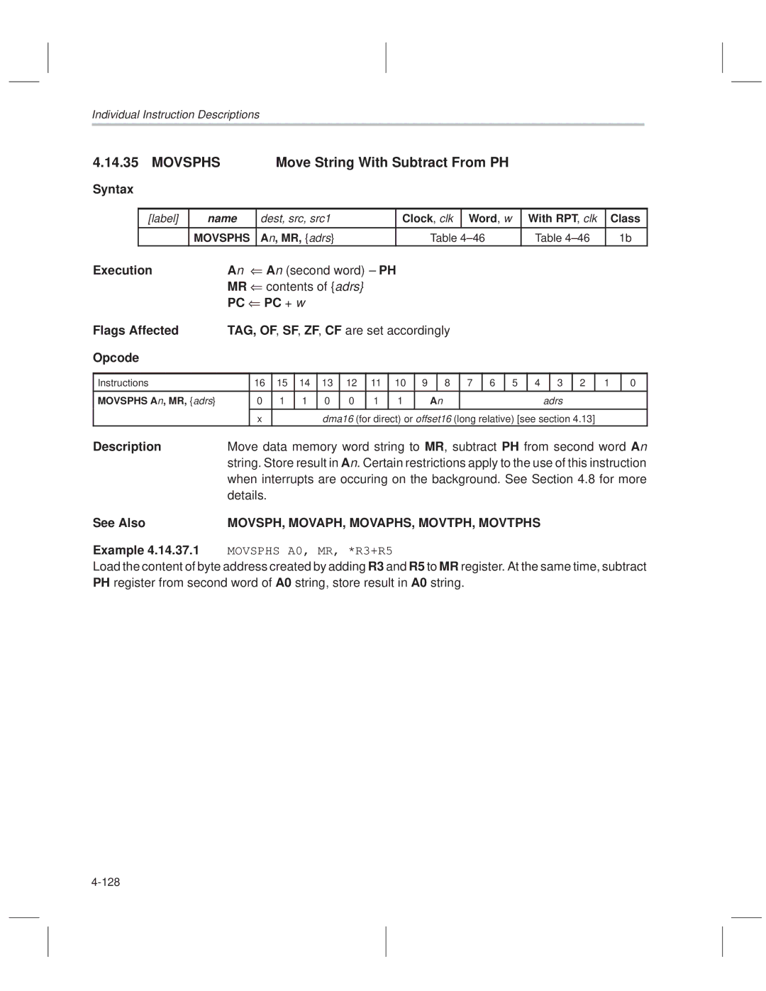 Texas Instruments MSP50C614 manual Movsphs Move String With Subtract From PH, Second word ± PH MR contents of adrs, Details 