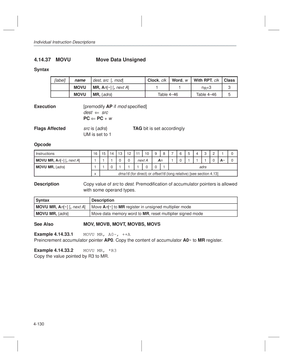 Texas Instruments MSP50C614 Movu Move Data Unsigned, TAG bit is set accordingly UM is set to, MOV, MOVB, MOVT, MOVBS, Movs 