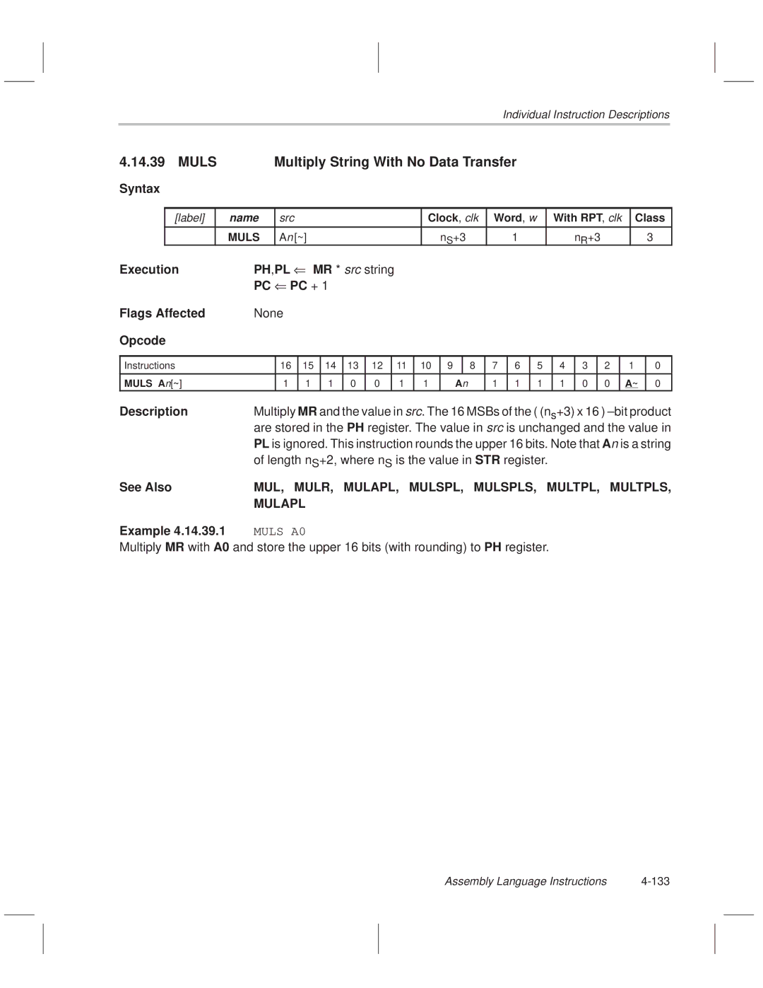 Texas Instruments MSP50C614 manual Muls Multiply String With No Data Transfer, PH,PL MR * src string, Mulapl 