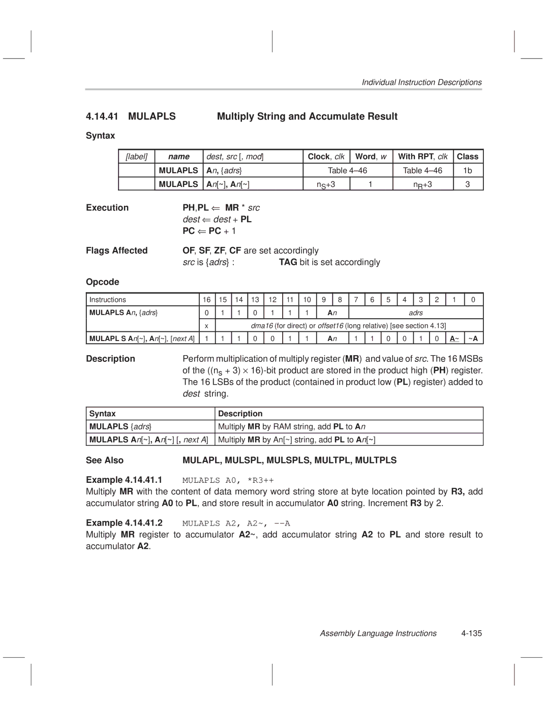 Texas Instruments MSP50C614 manual Mulapls Multiply String and Accumulate Result, MR * src 