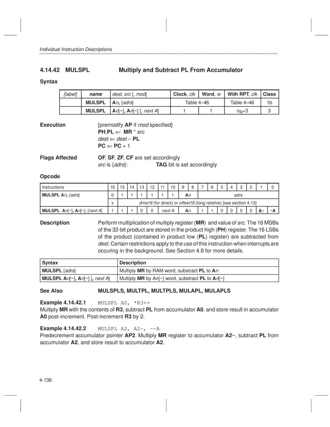 Texas Instruments MSP50C614 Mulspl Multiply and Subtract PL From Accumulator, MULSPLS, MULTPL, MULTPLS, MULAPL, Mulapls 