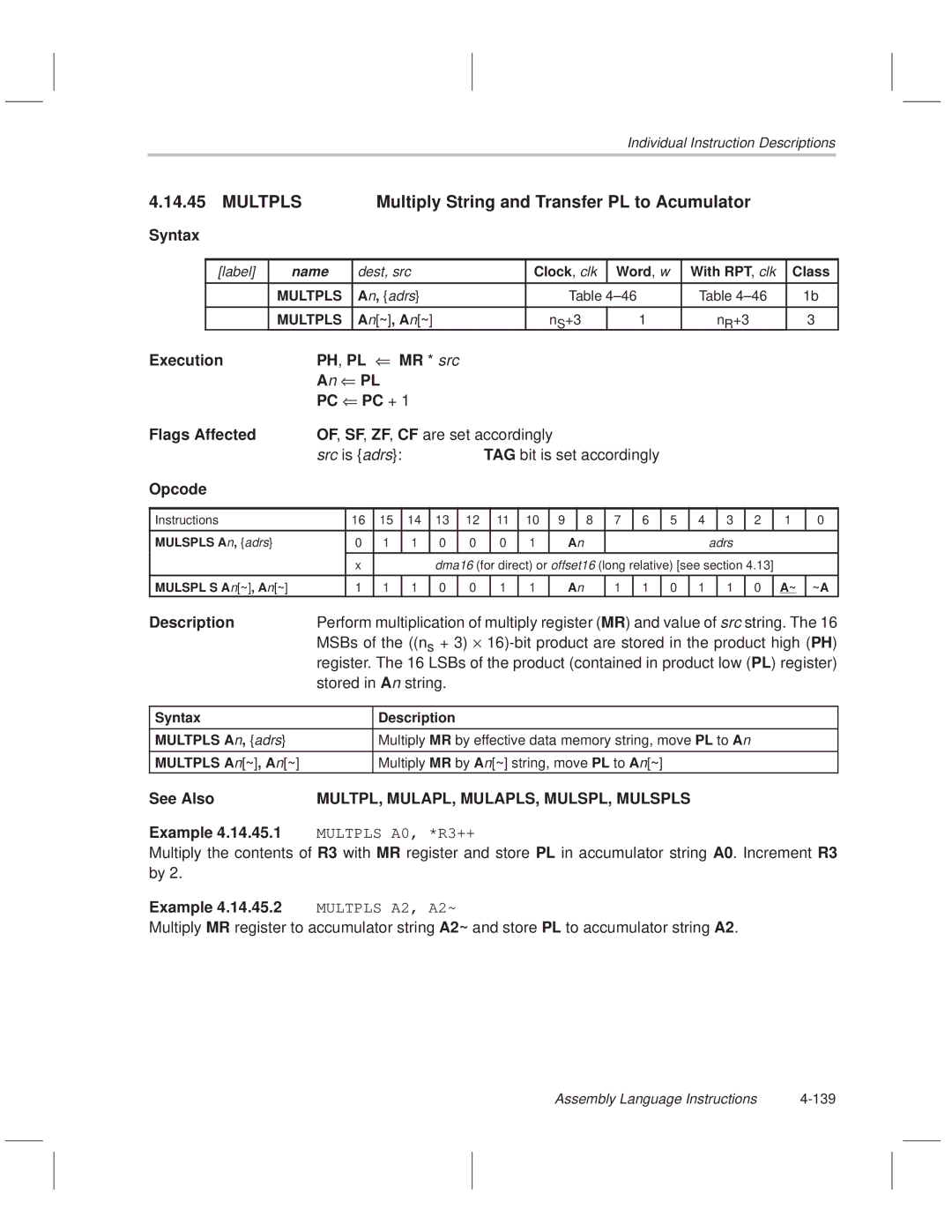 Texas Instruments MSP50C614 manual Multpls, Execution PH, PL MR * src PC PC + Flags Affected, Stored in An string 