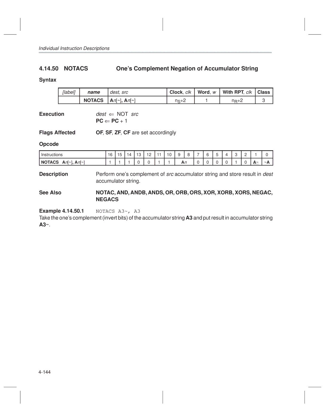 Texas Instruments MSP50C614 manual Notacs Ones Complement Negation of Accumulator String, Accumulator string, Negacs, A3~ 