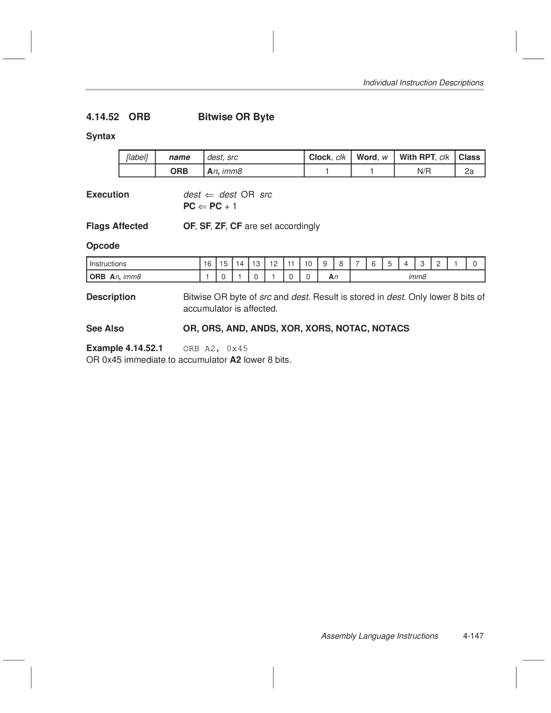 Texas Instruments MSP50C614 manual ORB Bitwise or Byte, Or src, Accumulator is affected 