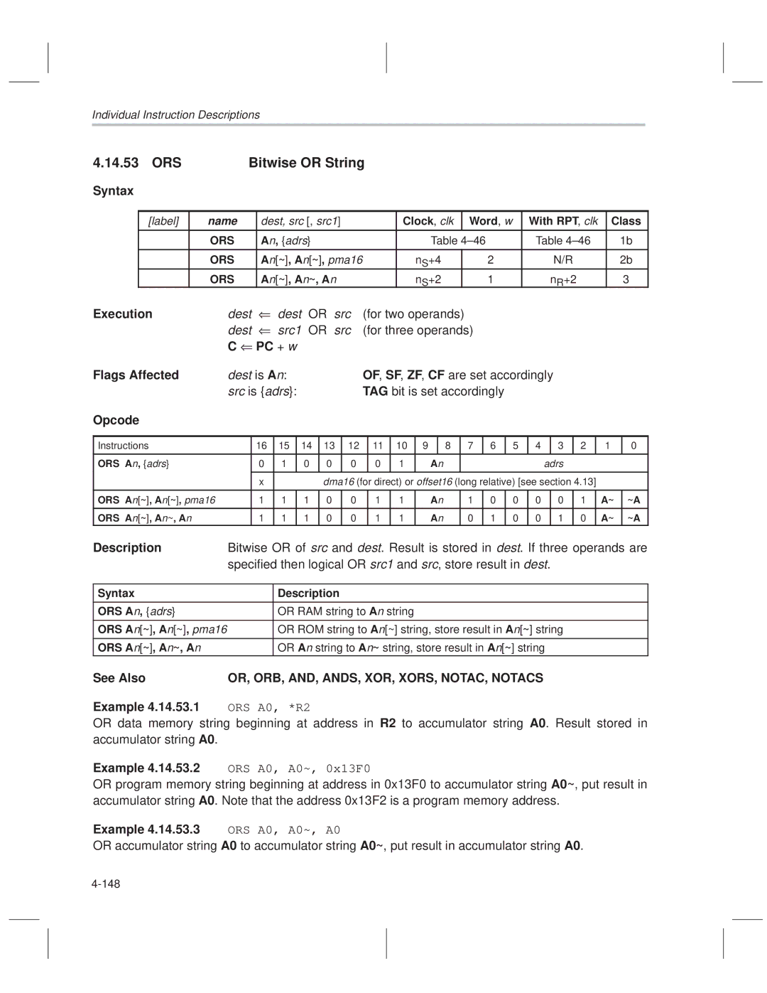 Texas Instruments MSP50C614 ORS Bitwise or String, PC + w Flags Affected, OR, ORB, AND, ANDS, XOR, XORS, NOTAC, Notacs 