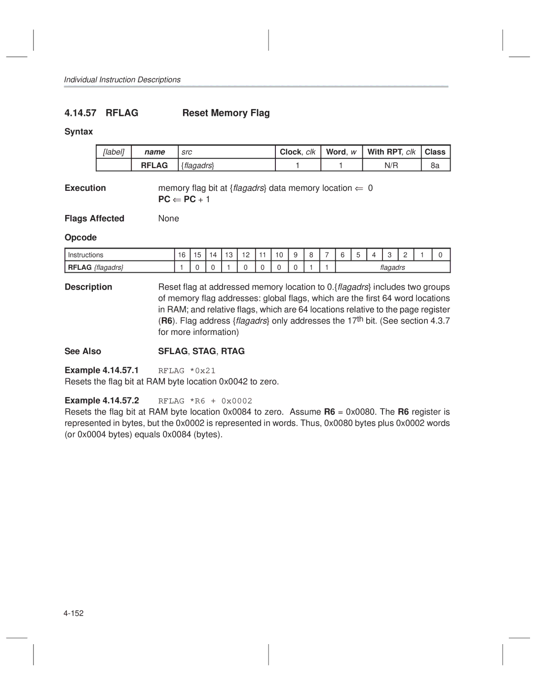 Texas Instruments MSP50C614 manual Rflag Reset Memory Flag, Sflag , Stag , Rtag, Example 4.14.57.2 Rflag *R6 + 