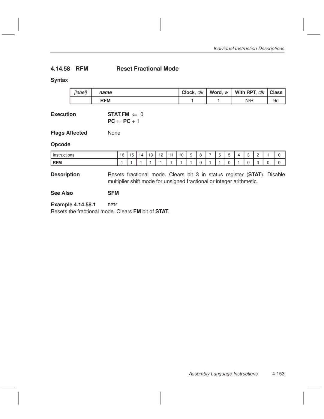 Texas Instruments MSP50C614 manual 14.58 RFM, Reset Fractional Mode Syntax, Stat.Fm, Sfm 