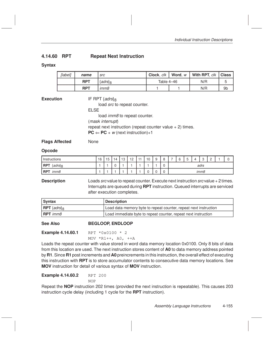 Texas Instruments MSP50C614 manual RPT Repeat Next Instruction, Load src to repeat counter, Load imm8 to repeat counter 