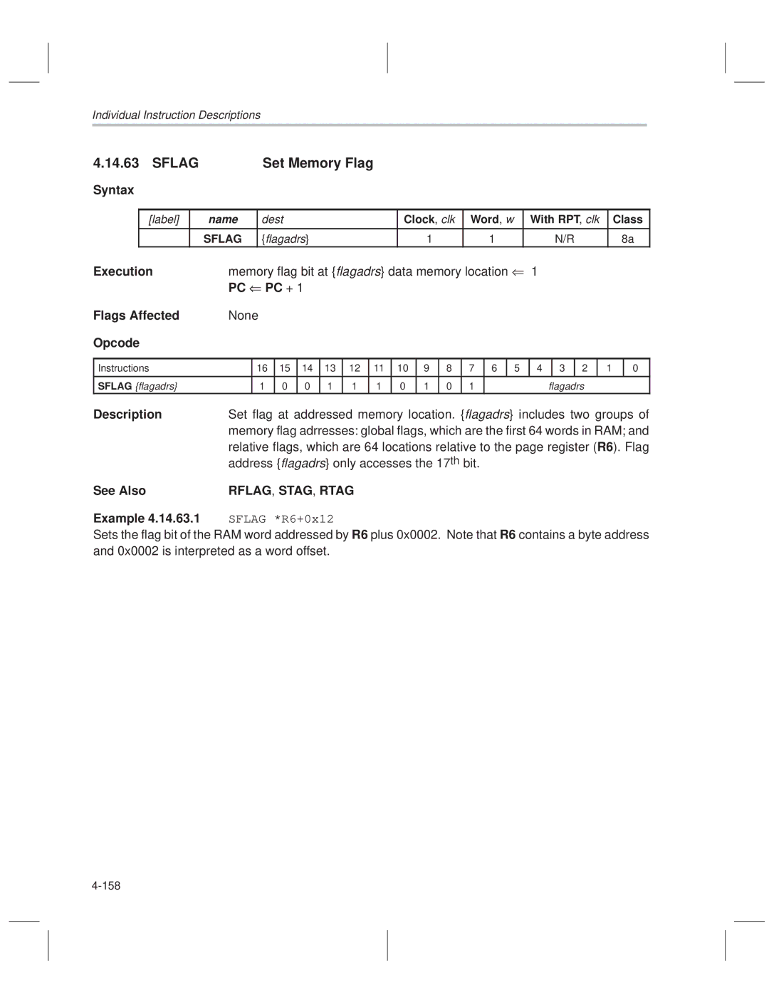 Texas Instruments MSP50C614 manual Sflag Set Memory Flag, Address flagadrs only accesses the 17 th bit, Rflag , Stag , Rtag 