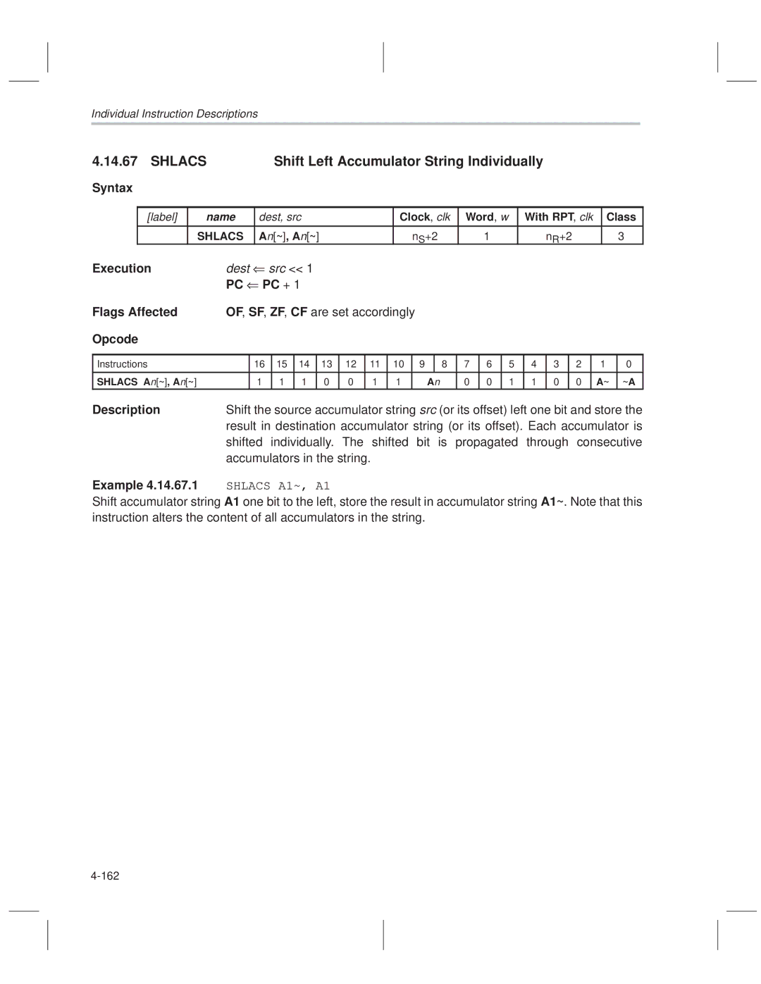 Texas Instruments MSP50C614 manual Shlacs Shift Left Accumulator String Individually, Accumulators in the string 