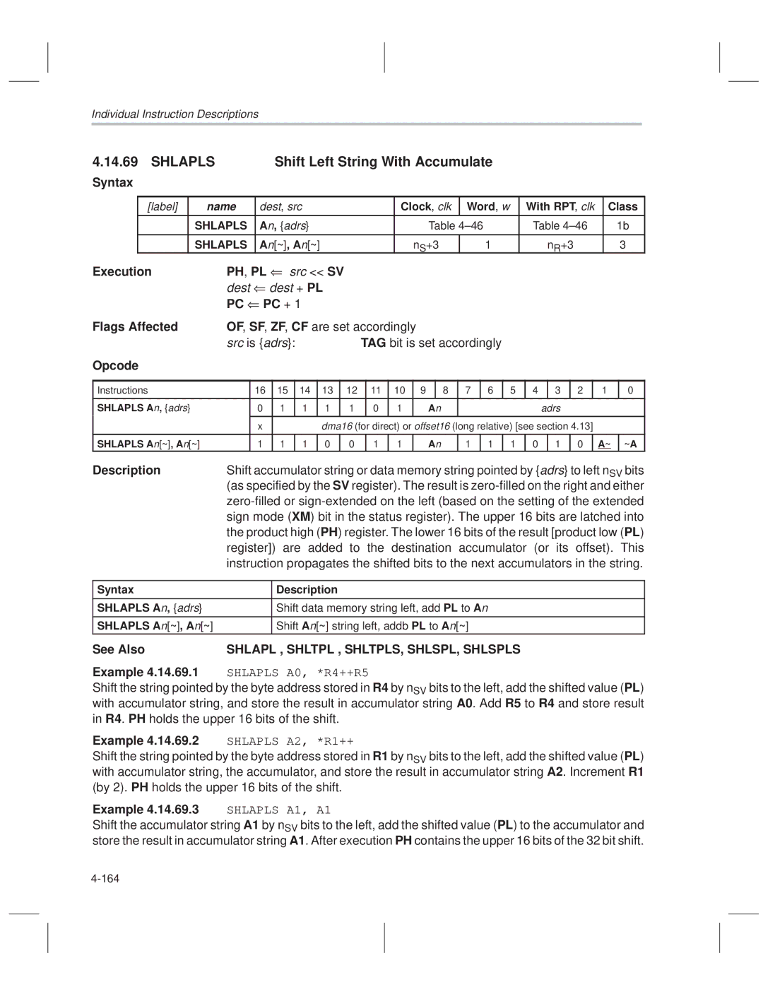 Texas Instruments MSP50C614 manual Shlapls Shift Left String With Accumulate, Shift data memory string left, add PL to a n 