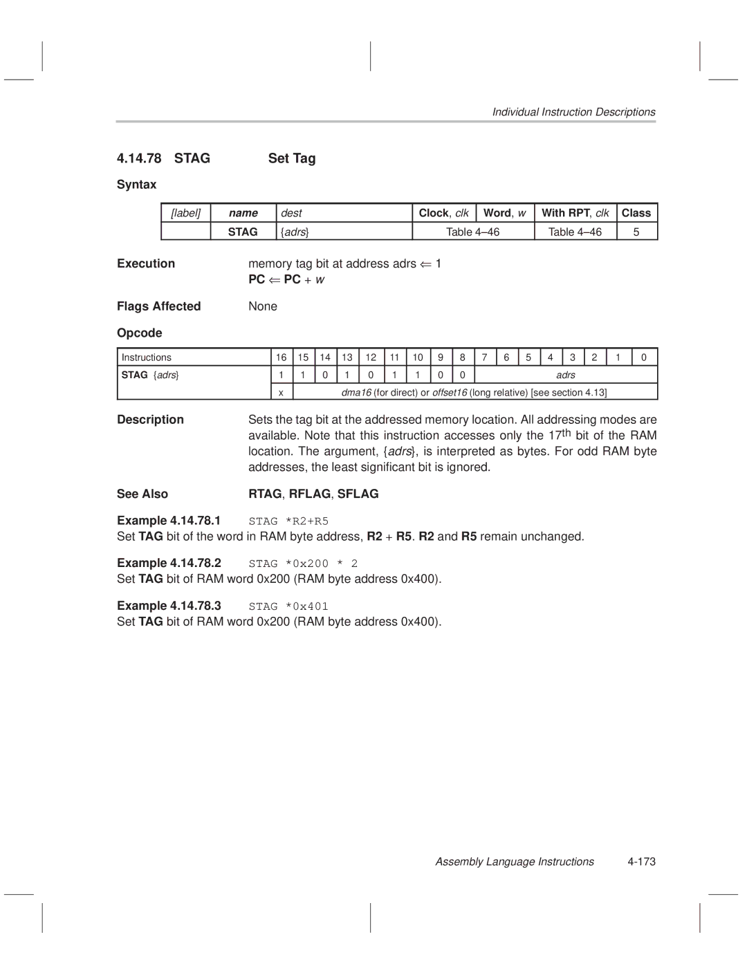 Texas Instruments MSP50C614 manual RTAG, RFLAG, Sflag, Stag *0x401 